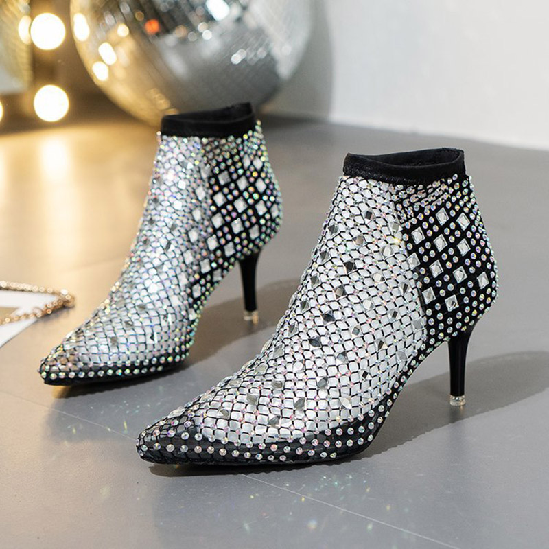 Crystal Mesh Fabric - Sandały botki damskie z siateczki na